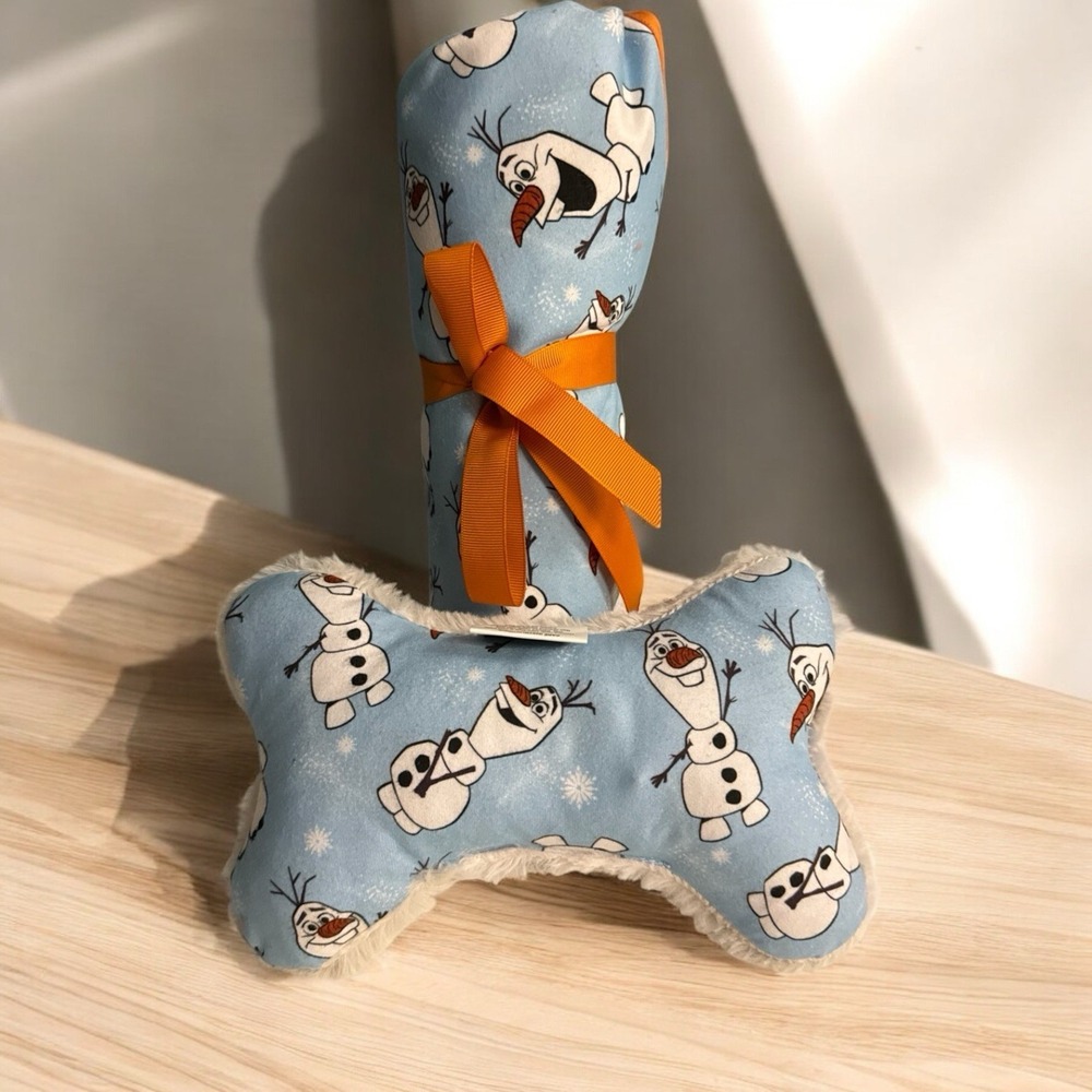 Disney Frozen Plush Olaf Bone Shaped Dog Toy + Small Soft Doggy Pet Blanket